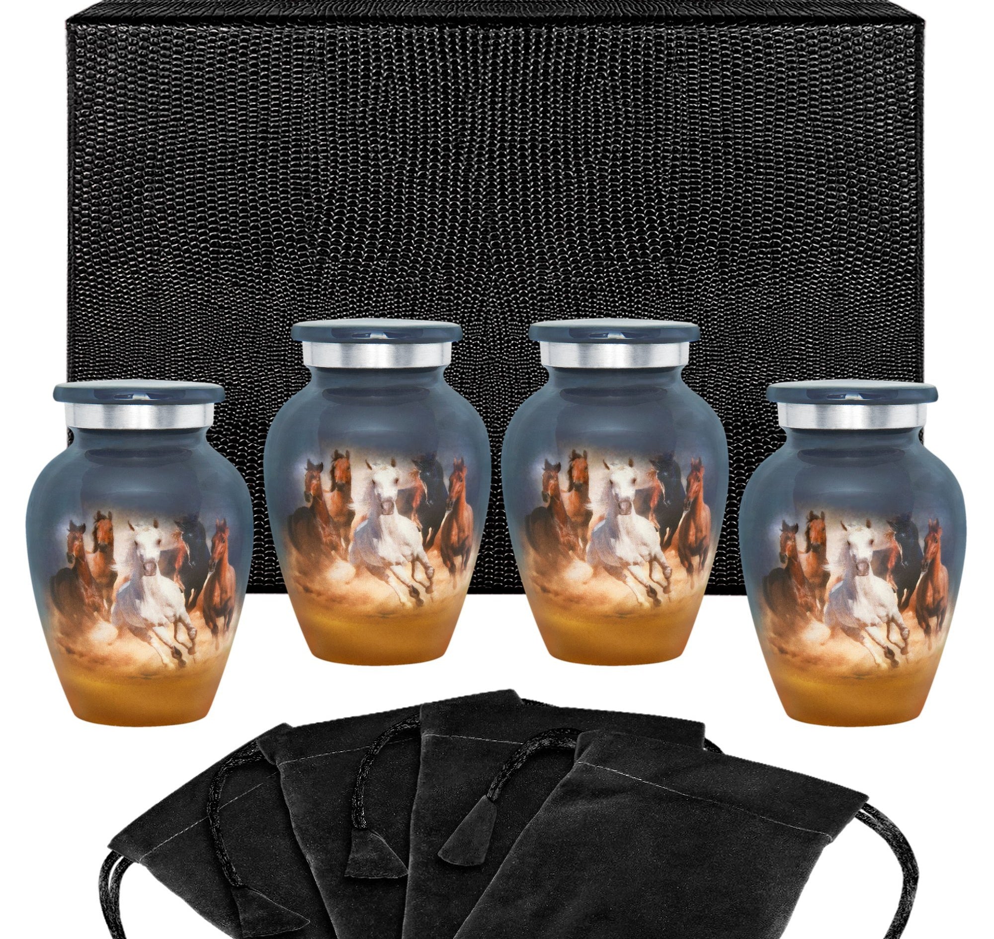 Running Free Horses Small Keepsake Urns for Human Ashes - Set of 4 - w Case