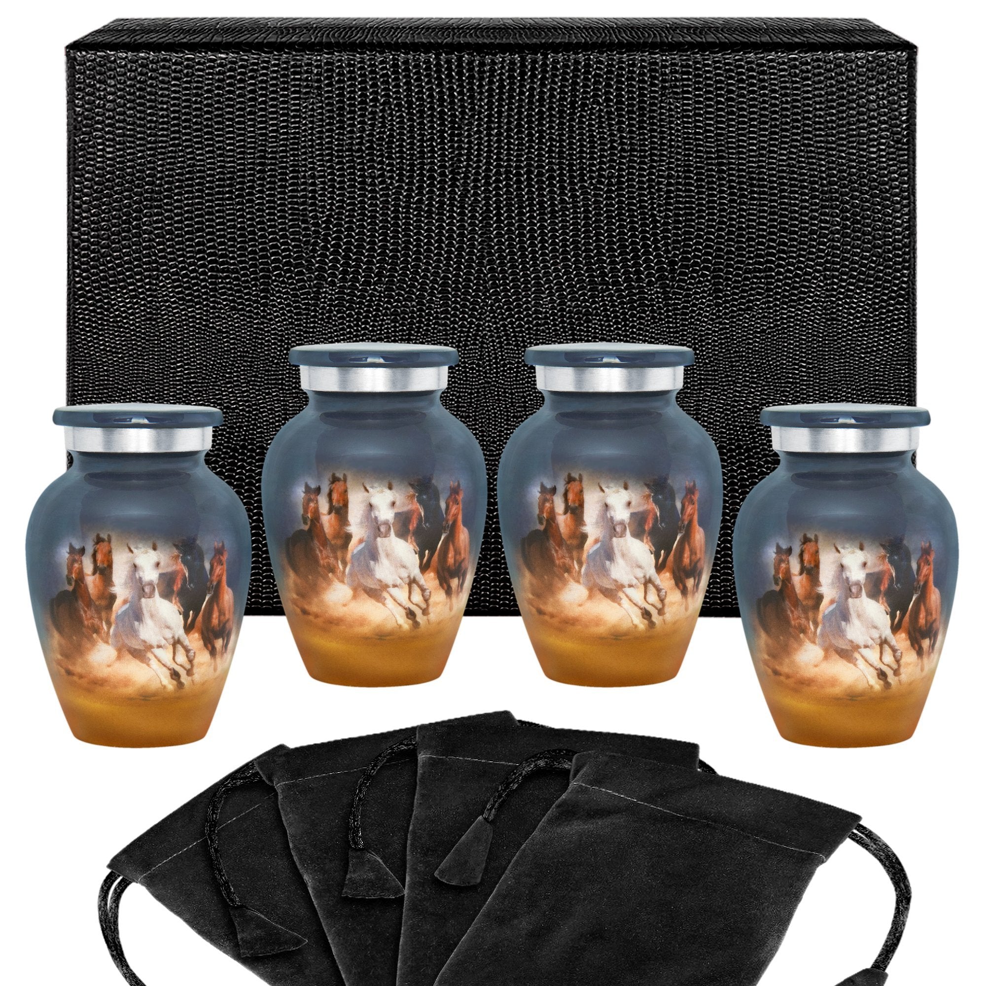 Running Free Horses Small Keepsake Urns for Human Ashes - Set of 4 - w Case