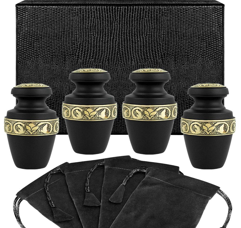 Serenity Black Beautiful Small Keepsake Urn for Human Ashes - Set of 4 - w Case