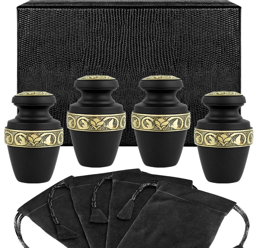 Serenity Black Beautiful Small Keepsake Urn for Human Ashes - Set of 4 - w Case