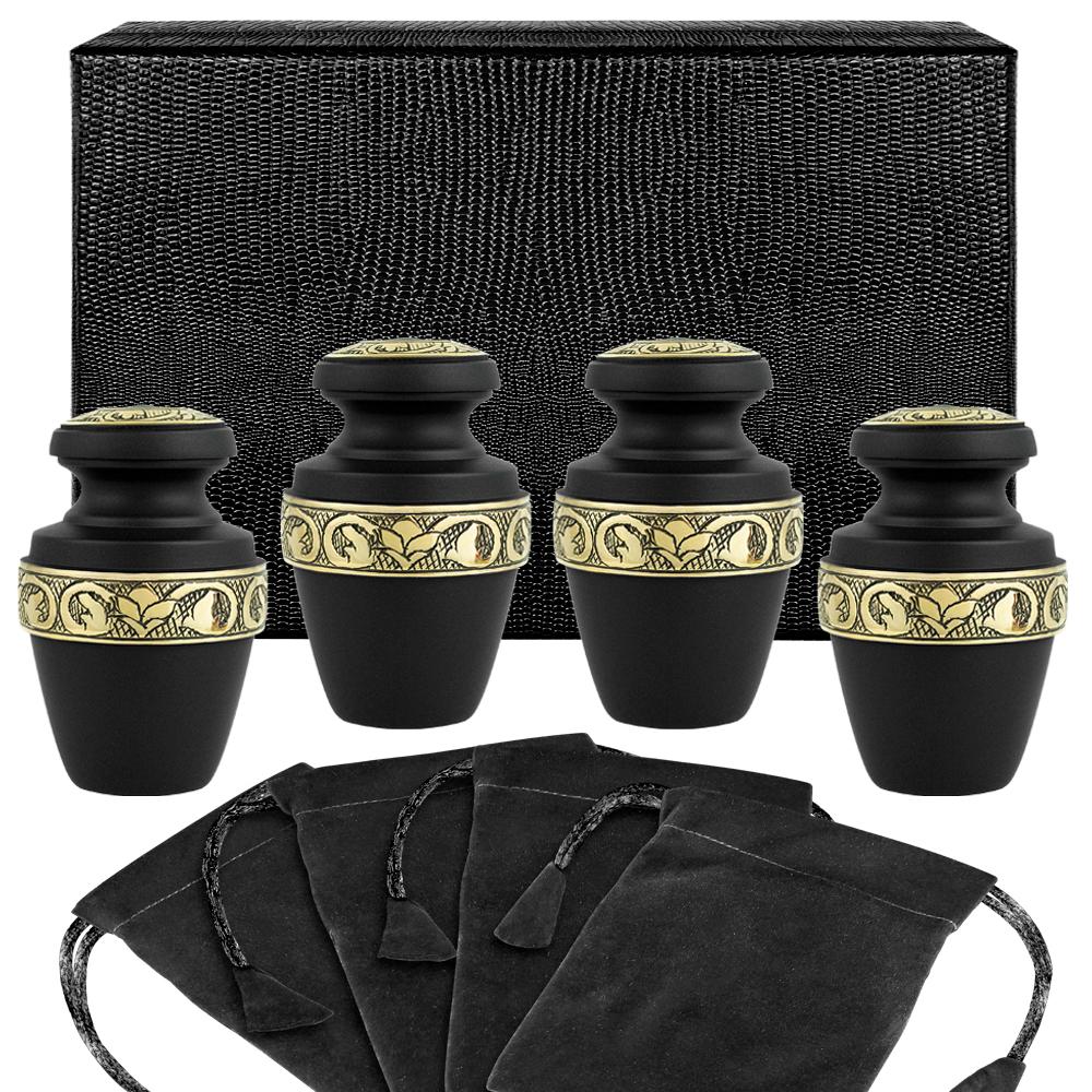 Serenity Black Beautiful Small Keepsake Urn for Human Ashes - Set of 4 - w Case