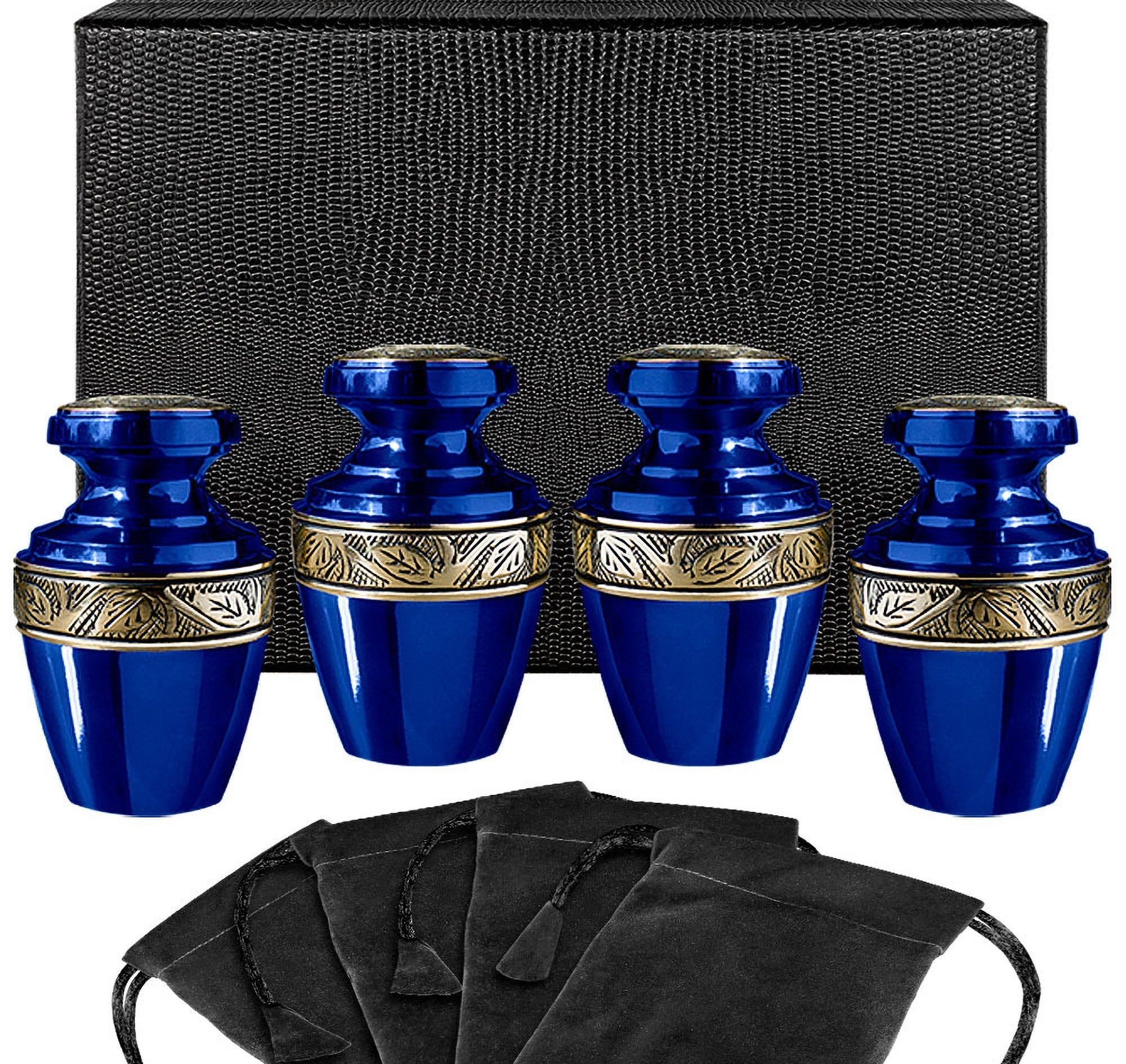 Serenity Blue Beautiful Small Keepsake Urn for Human Ashes - Set of 4 - w Case