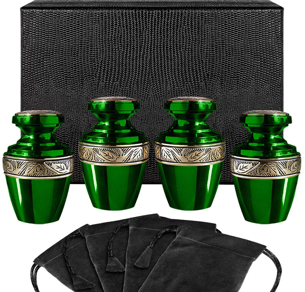Serenity Green Beautiful Small Keepsake Urn for Human Ashes - Set of 4 - w Case