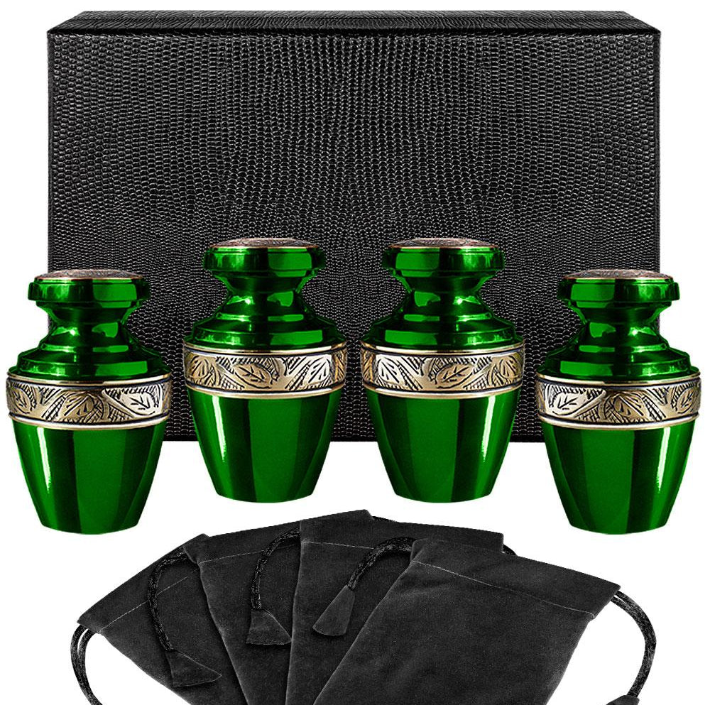 Serenity Green Beautiful Small Keepsake Urn for Human Ashes - Set of 4 - w Case