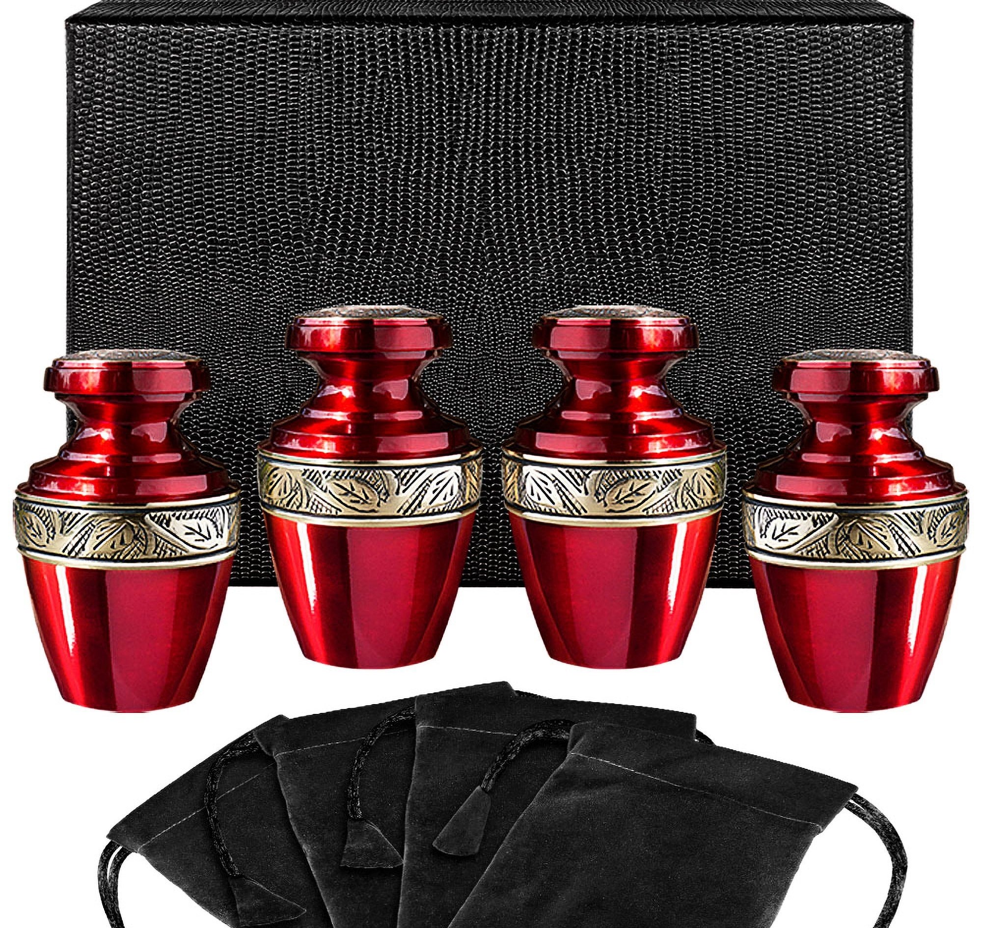 Serenity Red Beautiful Small Keepsake Urn for Human Ashes - Set of 4 - w Case