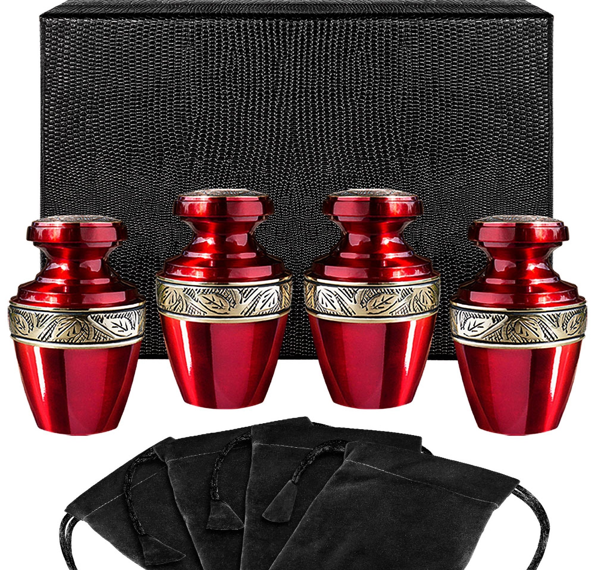 Serenity Red Beautiful Small Keepsake Urn for Human Ashes - Set of 4 - w Case