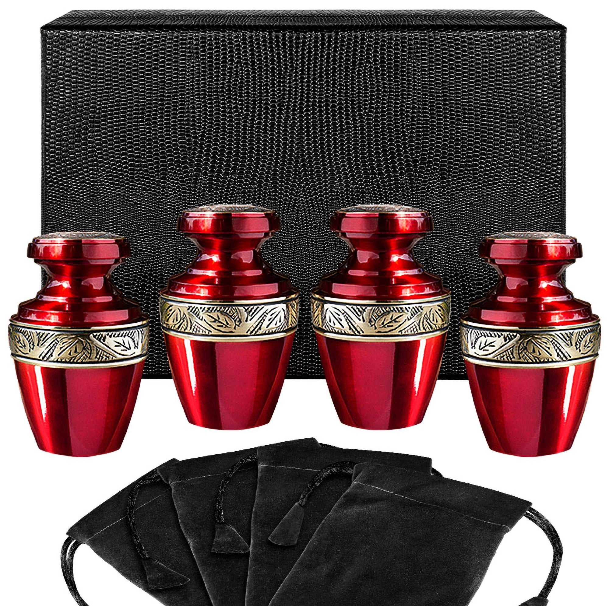 Serenity Red Beautiful Small Keepsake Urn for Human Ashes - Set of 4 - w Case