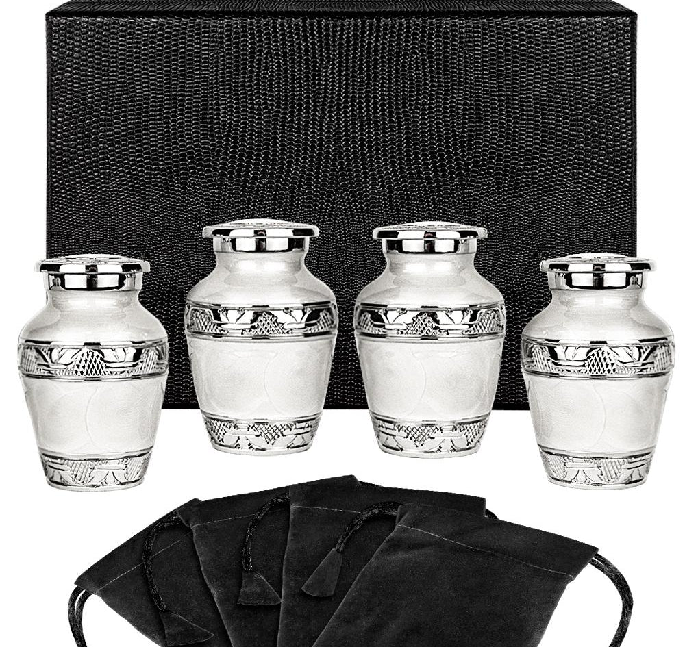 Silver Linings White Small Keepsake Urn for Human Ashes - Set of 4 - w Case