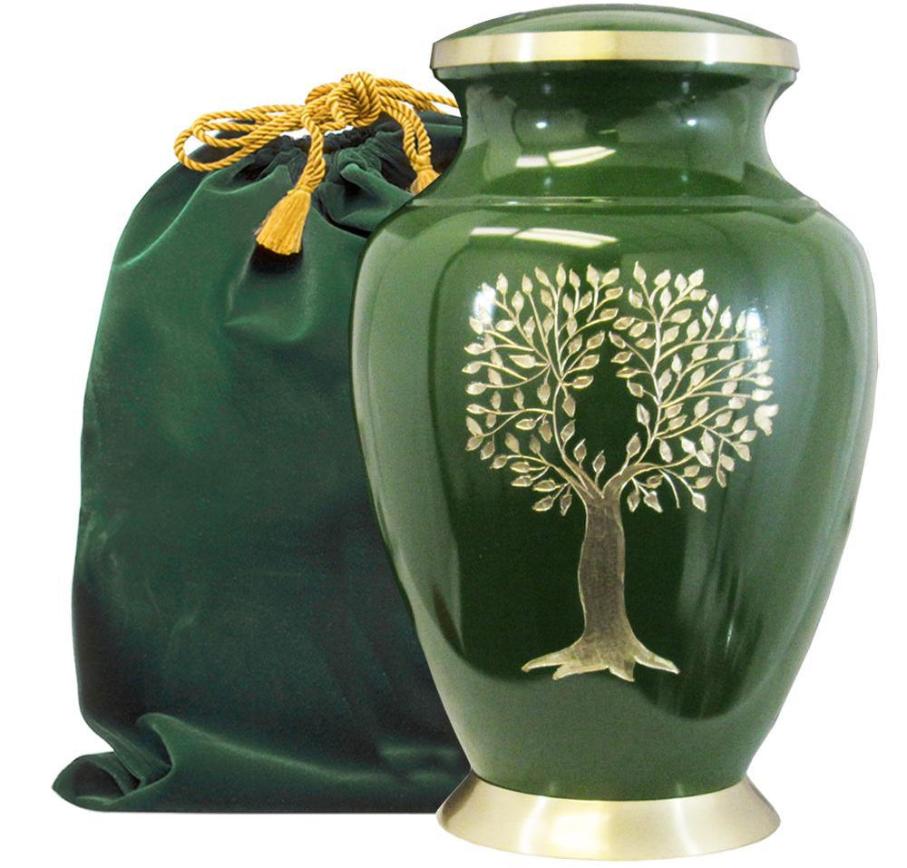 Tree of Life Classy Adult Green Urn for Human Ashes - w Velvet Bag