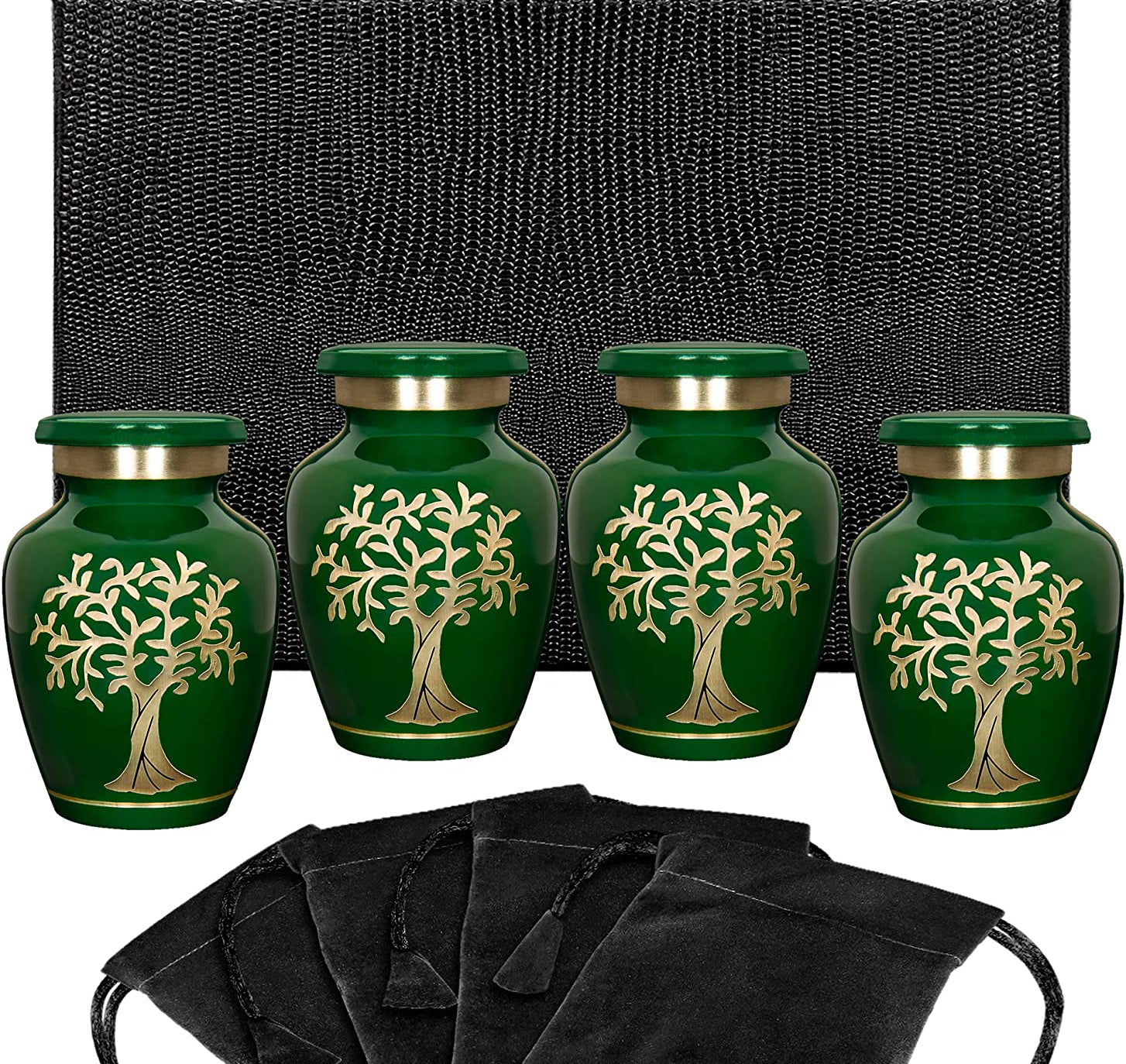 Tree of Life Green Small Keepsake Urns for Human Ashes Modern Style - Set of 4 - with Case