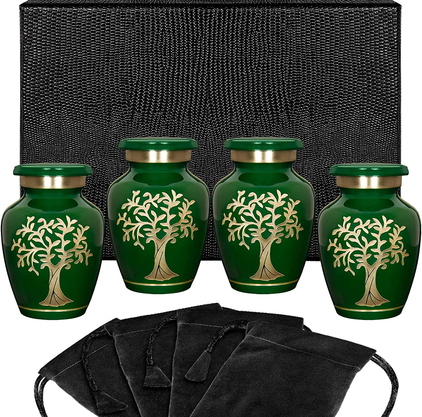 Tree of Life Green Small Keepsake Urns for Human Ashes Modern Style - Set of 4 - with Case