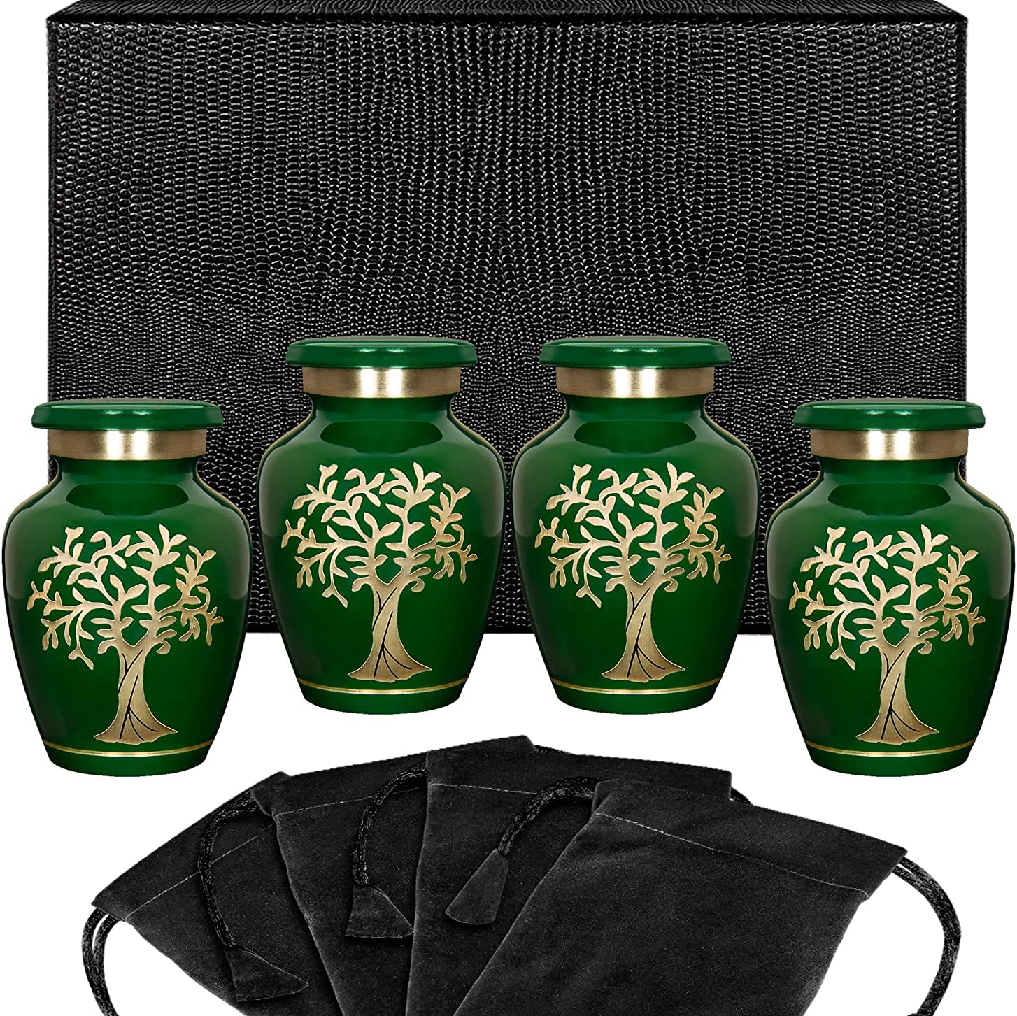 Tree of Life Green Small Keepsake Urns for Human Ashes Modern Style - Set of 4 - with Case