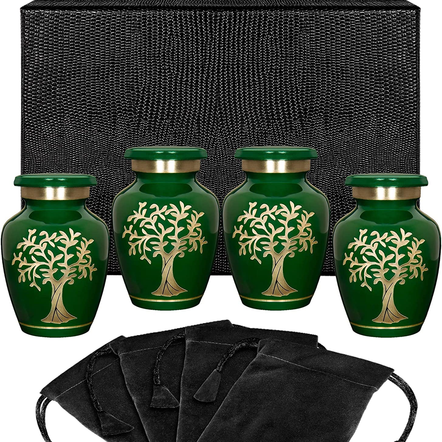 Tree of Life Green Small Keepsake Urns for Human Ashes Modern Style - Set of 4 - with Case