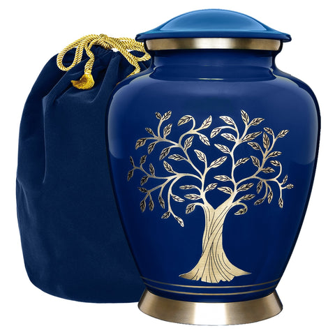 Blue Tree of Life Large Cremation Urn for Human Ashes - With Velvet Bag