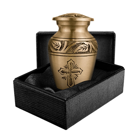 Bronze Cross Lovely Small Keepsake Urn for Human Ashes - Qnty 1 - w Case