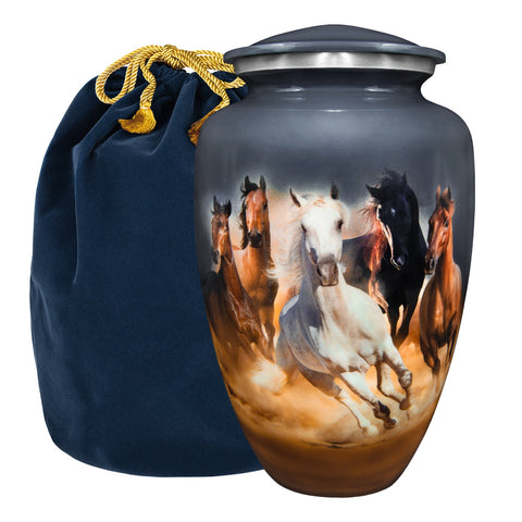 Forever Free Horses Running Adult Large Urn for Human Ashes - With Velvet Bag