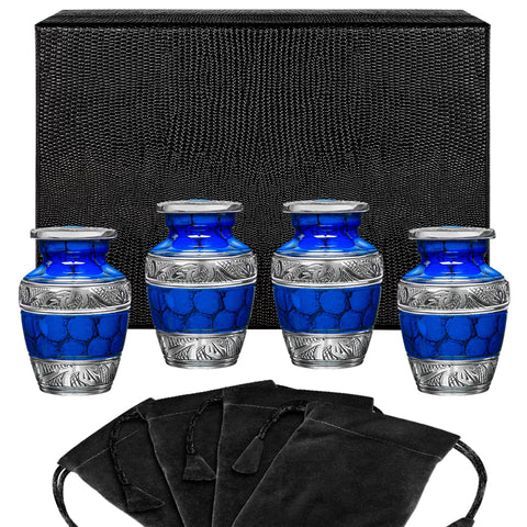 Forever Remembered Blue Small Keepsake Urn for Human Ashes - Set of 4 - w Case