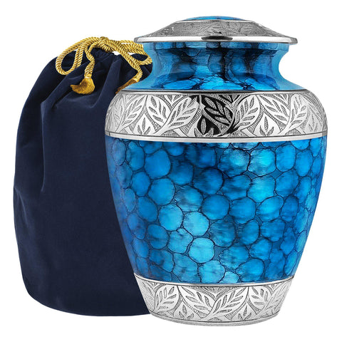 Forever Remembered Classic Blue Adult Urn for Human Ashes - with Velvet Bag
