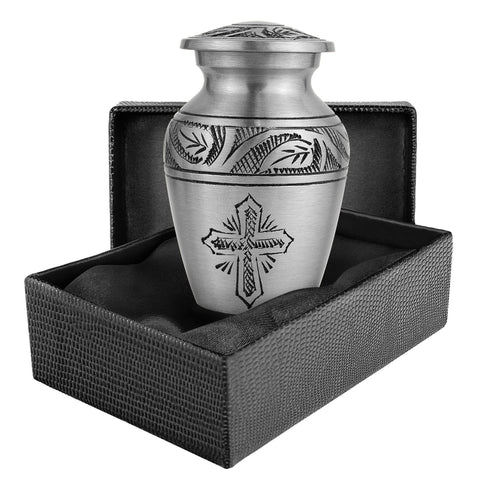 Grace and Mercy Pewter Cross Small Keepsake Urns for Human Ashes - Qnty 1
