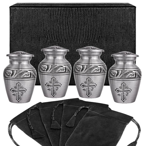 Grace and Mercy Pewter Cross Small Keepsake Urns for Human Ashes - Set of 4