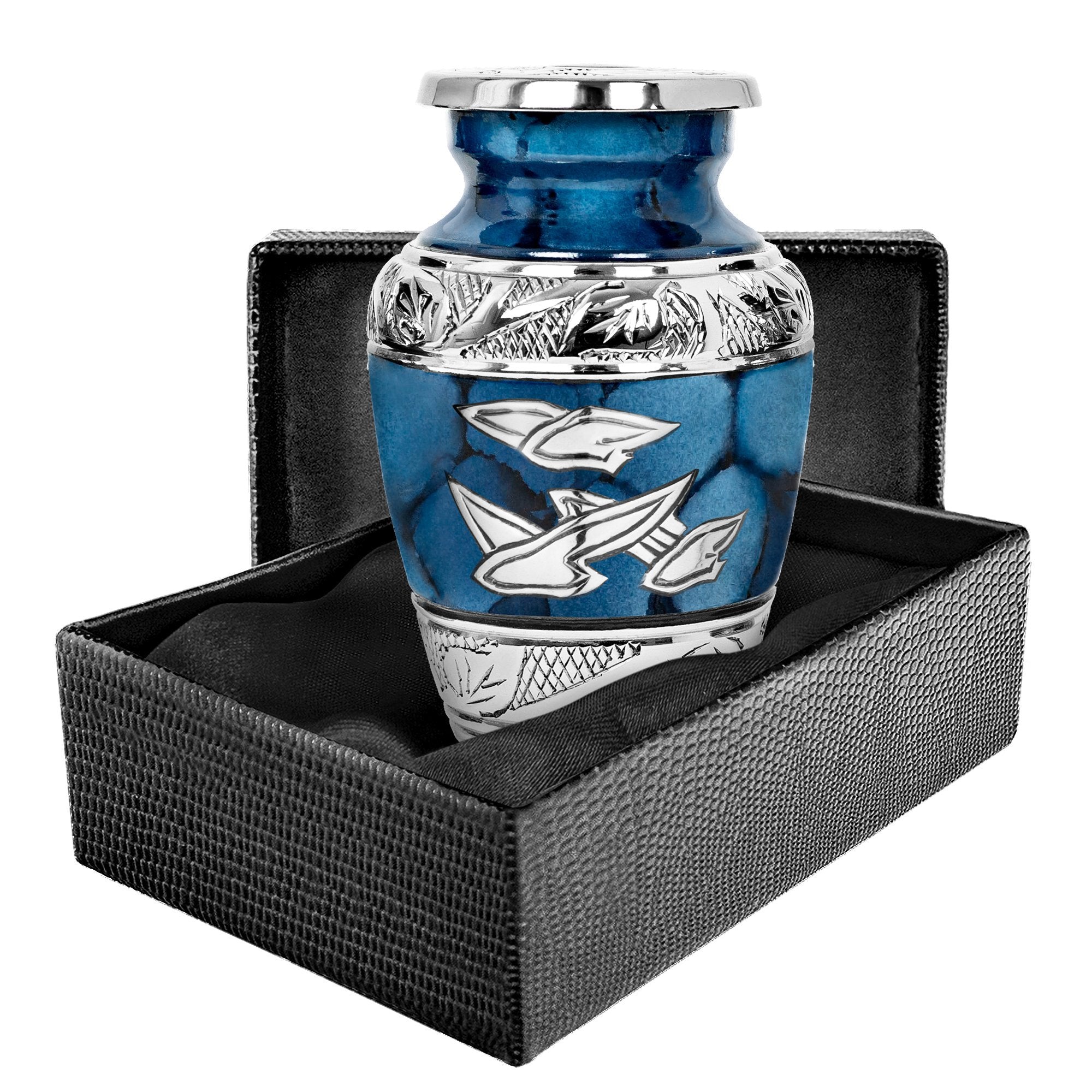 Heavenly Peace Dark Blue Wings Small Keepsake Urn for Human Ashes - Qnty 1 - w Case