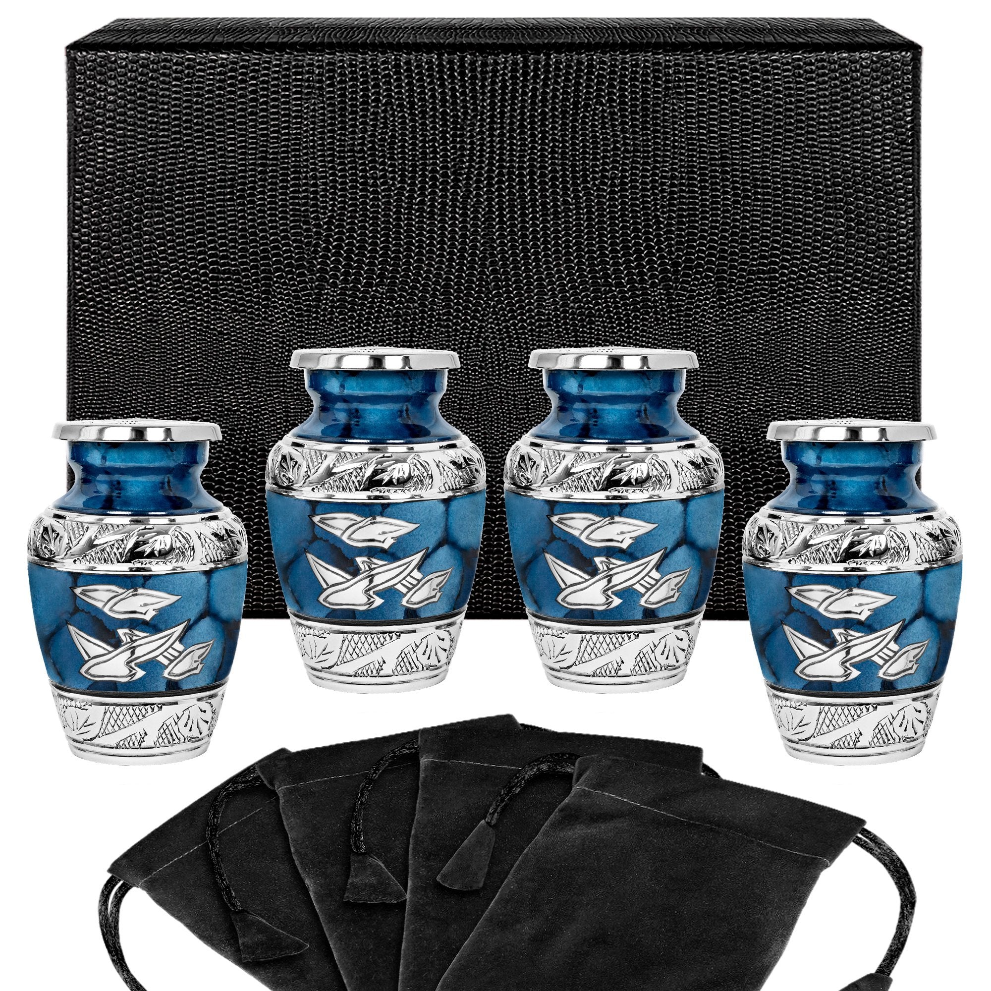 Heavenly Peace Dark Blue Wings Small Keepsake Urn for Human Ashes - Set of 4 - w Case