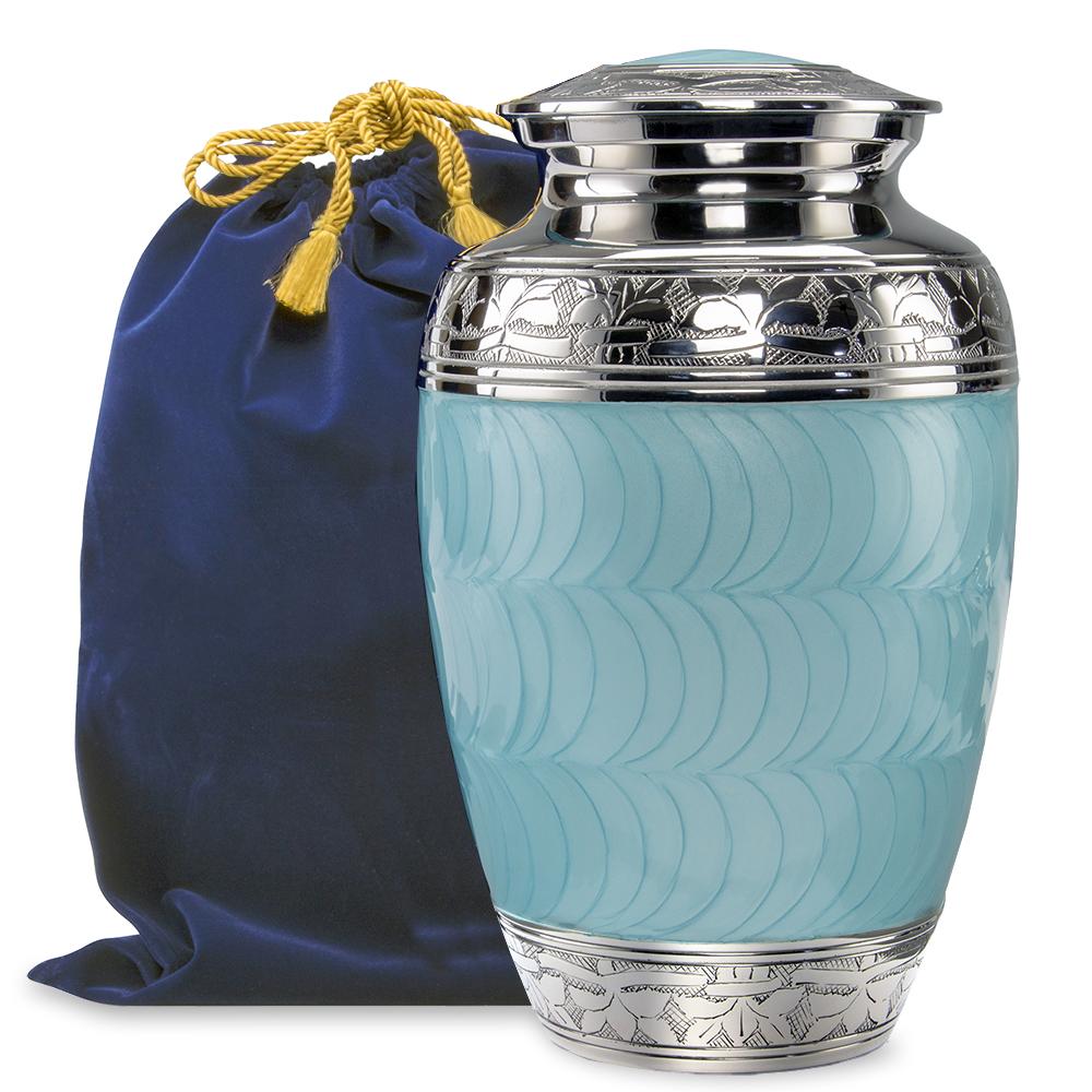 Hugs and Kisses Elegant Light Blue Adult Urn for Human Ashes - w Velvet Bag