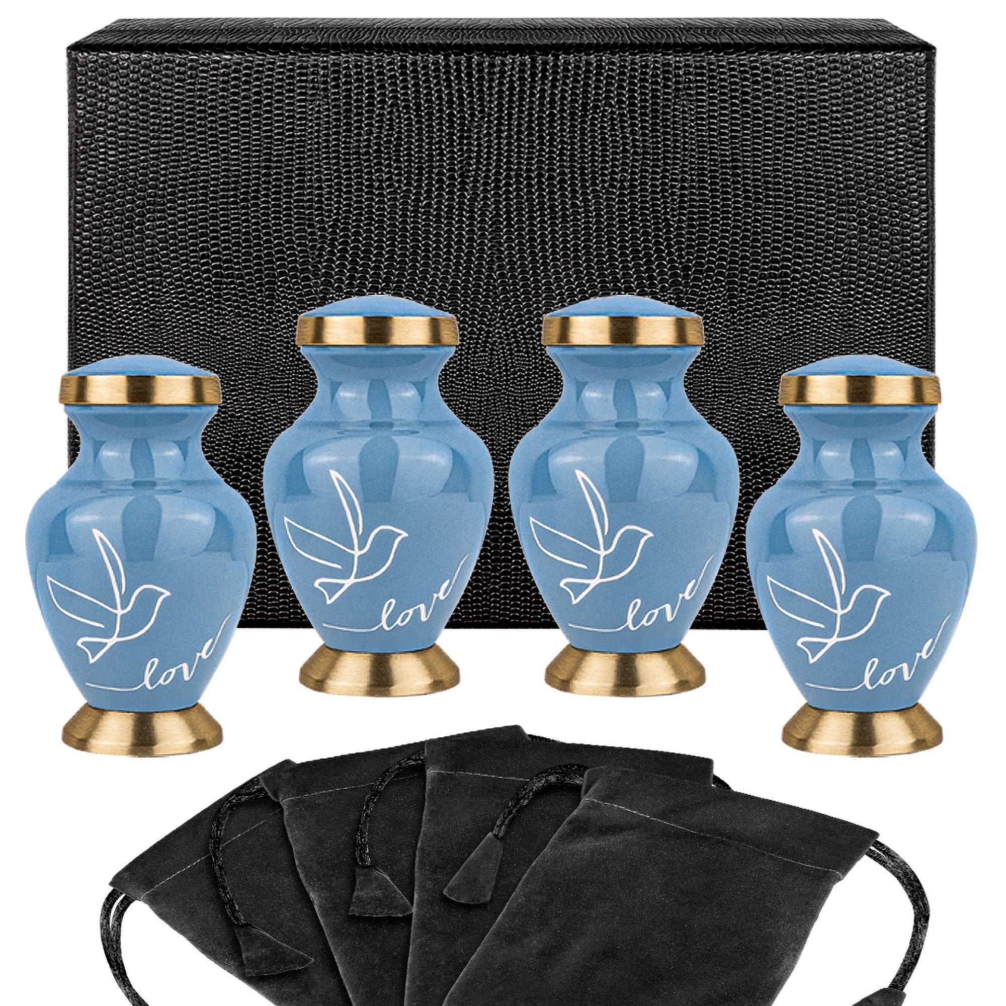 Modern Love Light Blue Small Keepsake Urns for Human Ashes - Set of 4 - w Case