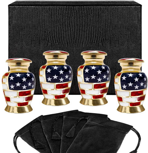 Patriotic Small Keepsake Urns for Human Ashes - Set of 4 - w Case