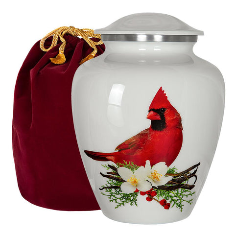 Peace and Harmony Beautiful Red Cardinal Adult Large Urn for Human Ashes - w Velvet Bag