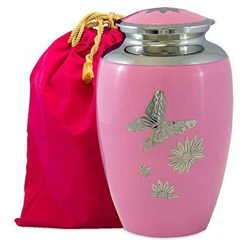 Pink Butterfly Lovely Adult Cremation Urn for Human Ashes - w Velvet Bag
