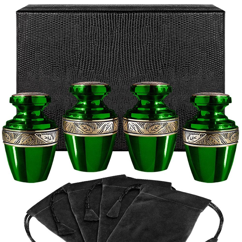 Serenity Green Beautiful Small Keepsake Urn for Human Ashes - Set of 4 - w Case
