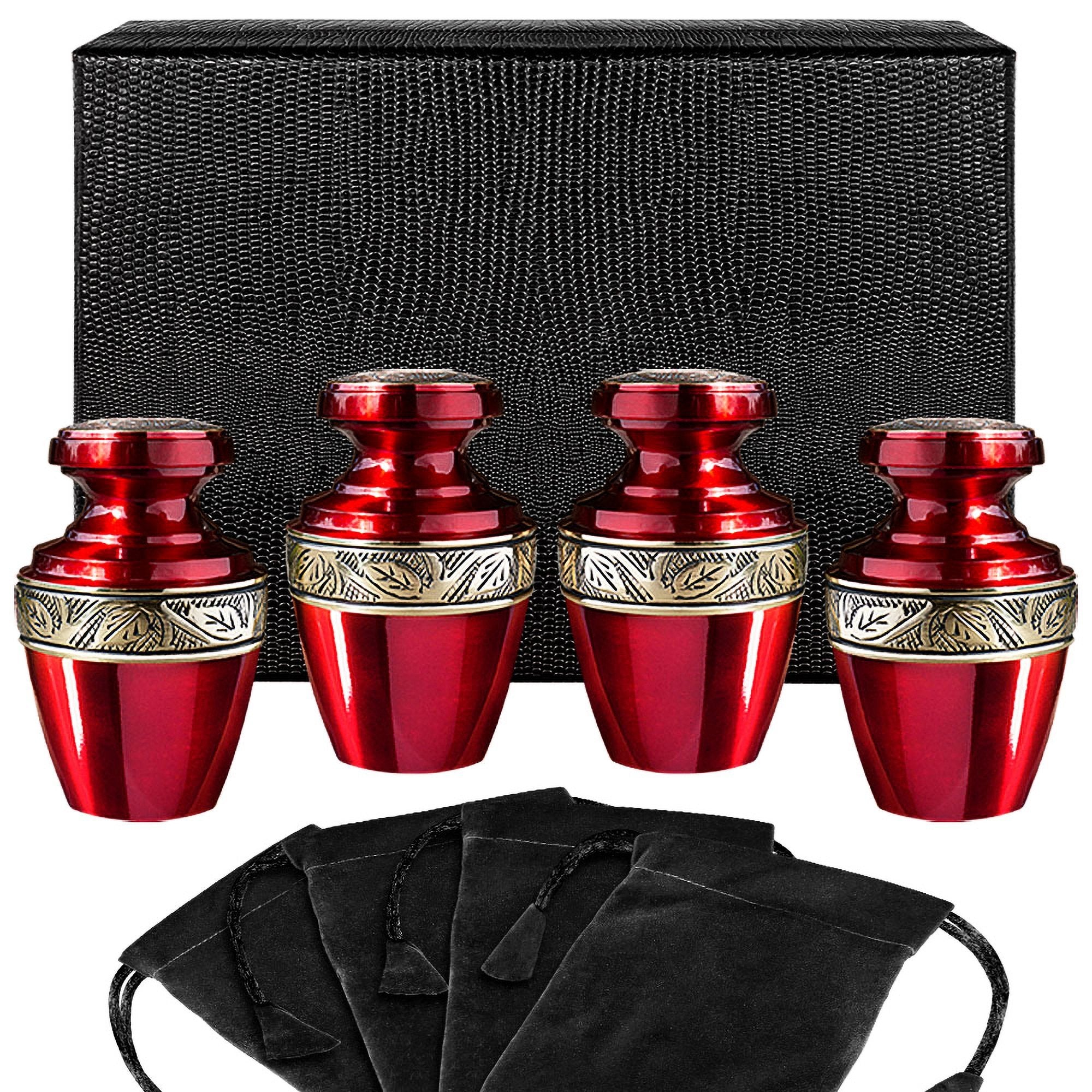 Serenity Red Beautiful Small Keepsake Urn for Human Ashes - Set of 4 - w Case