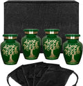 Tree of Life Green Small Keepsake Urns for Human Ashes Modern Style - Set of 4 - with Case