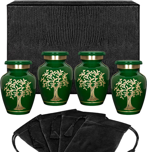 Tree of Life Green Small Keepsake Urns for Human Ashes Modern Style - Set of 4 - with Case